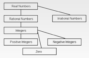 Real numbers are Rational Numbers (Integers positive, negative and zero) and Irrational Numbers. 